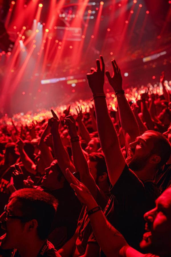 Audience hands raised to stage lights