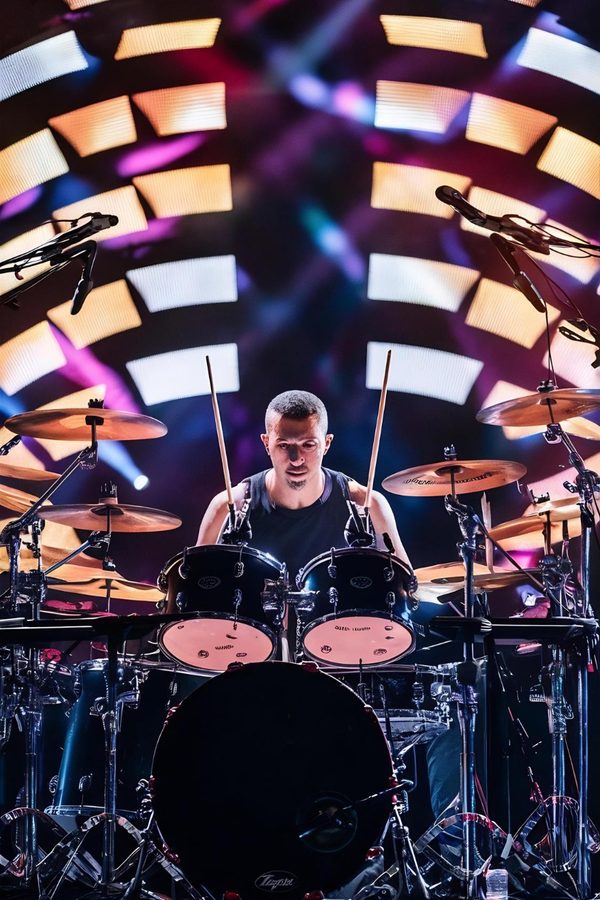 Drummer on a lit stage